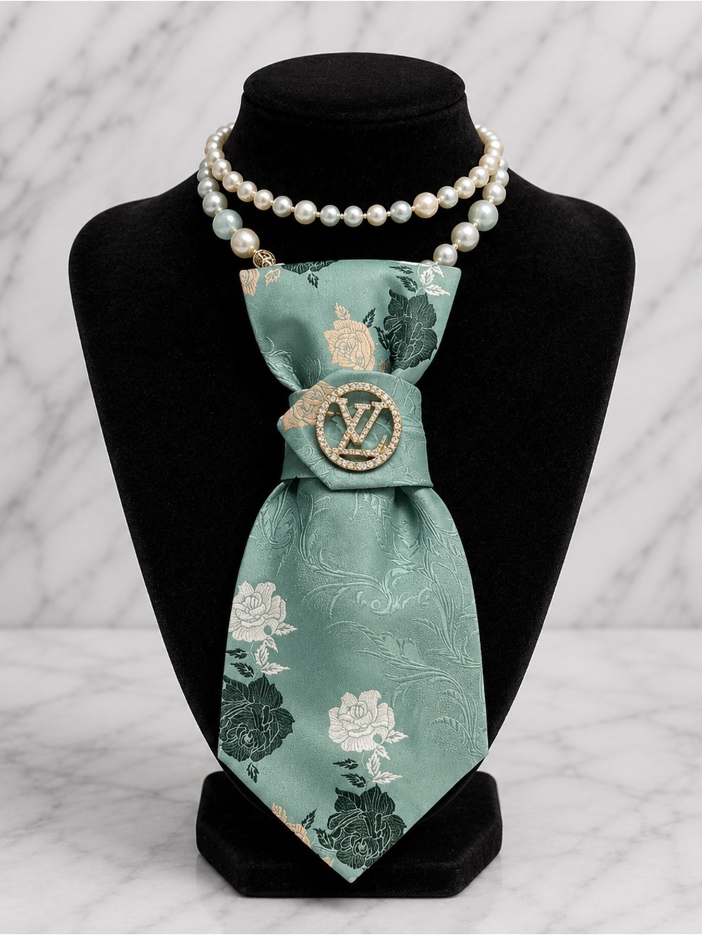 Necktie Necklace | Vintage Green Floral Tie, Pearl Necklace & Designer Brooch